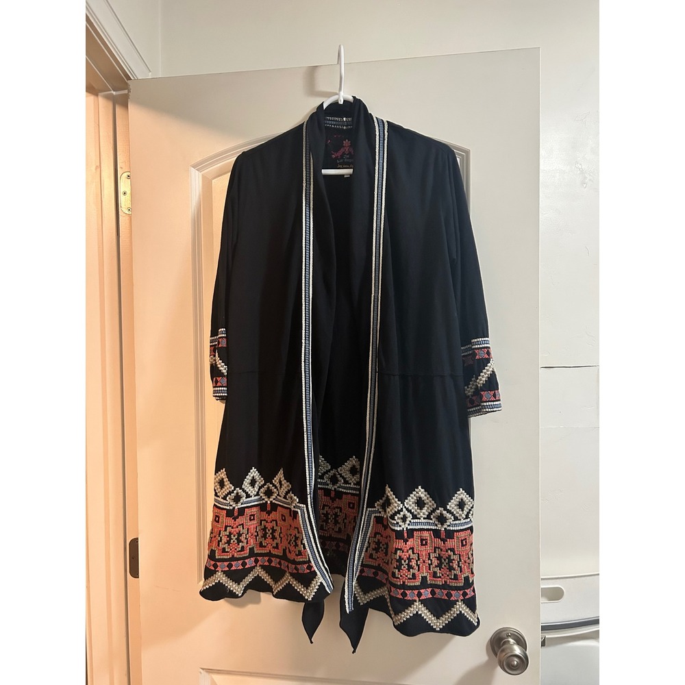 JW Los Angeles Johnny Was navy Embroidered Open Front Duster Cardigan Small